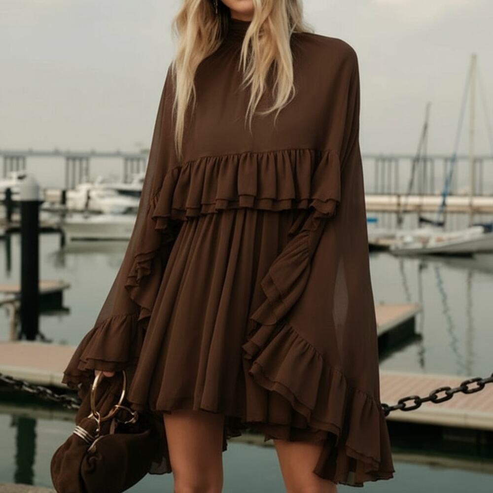 Commense Brown Semi-Sheer Chiffon Ruffle Mini Dress with Cape Overlay – Size M - Picture 3 of 6